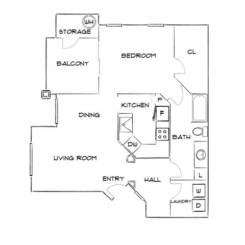 Charming floor plan showcasing a single bedroom, inviting living and dining area, modern kitchen, and private balcony.