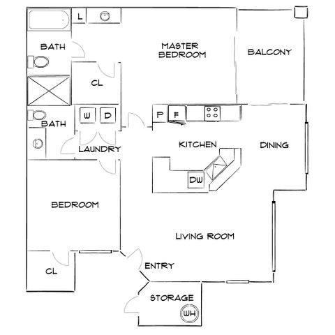 Contemporary floor plan featuring master bedroom with balcony, additional bedroom, two bathrooms, open-concept kitchen, dining and living area, and efficient laundry space.