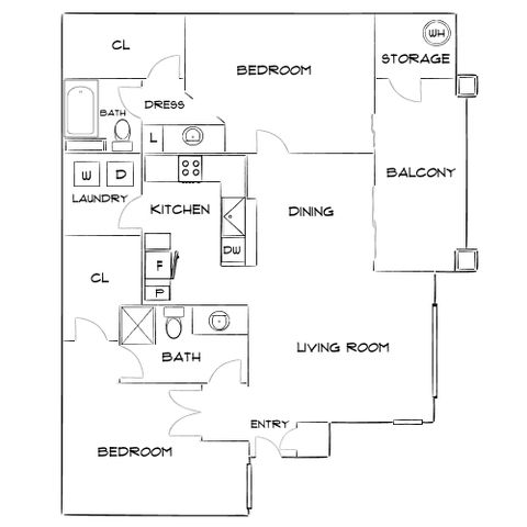 Spacious floor plan featuring 2 bedrooms, open-concept kitchen and dining area, cozy living room, two bathrooms, laundry area, and a private balcony with storage.