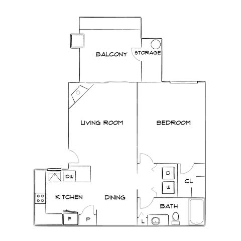 Modern floor plan featuring 1 bedroom, a spacious living room, and kitchen with dining area, plus a balcony and extra storage.