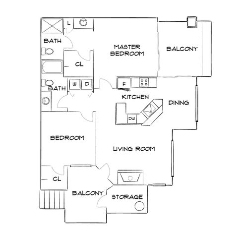 Modern floor plan featuring a master bedroom with private balcony, a second bedroom, open kitchen and dining area, spacious living room with additional balcony, and two bathrooms.