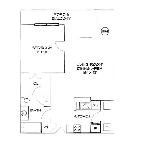 Inviting floor plan showcasing 1-bedroom with porch, open living and dining area, and modern kitchen.