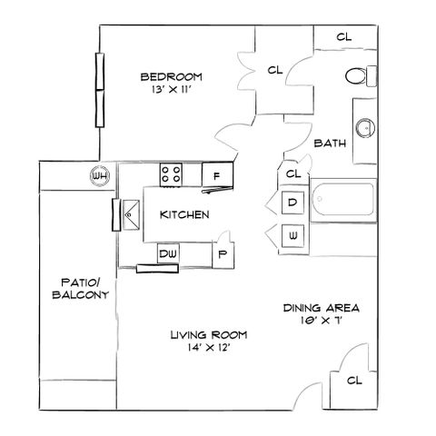 Chic floor plan showcasing 1 bedroom with walk-in closet, a stylish kitchen, and an inviting living room leading to a patio or balcony.