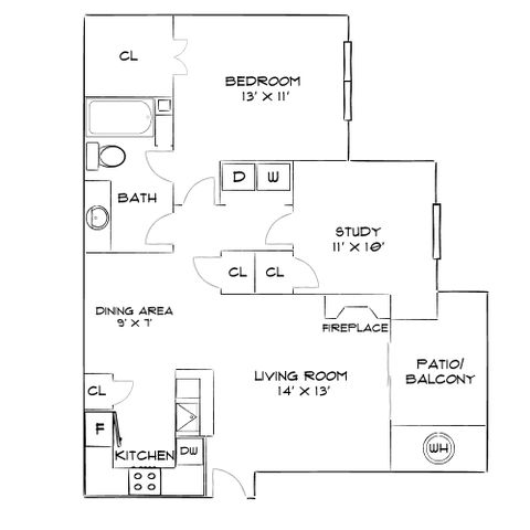Elegant floor plan showcasing a spacious bedroom, cozy study, modern kitchen, and inviting living room with patio access.