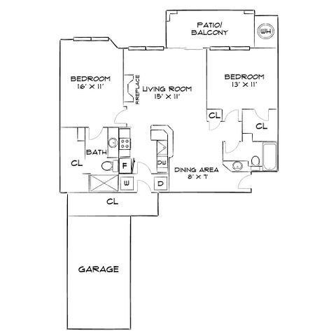 Charming floor plan with 2 bedrooms, cozy living room with fireplace, dining area, and a convenient garage.