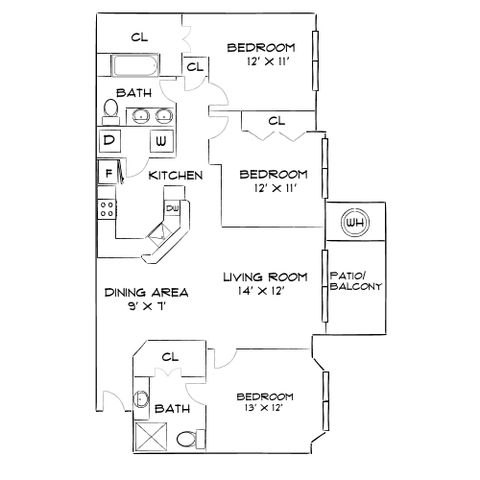 Inviting floor plan with 3 bedrooms, 2 baths, spacious living room, and a cozy kitchen, featuring a patio balcony for outdoor relaxation.