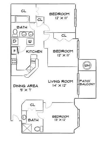 Modern floor plan showcasing 3 bedrooms, open kitchen, and living room with patio/balcony.