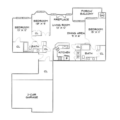 Inviting floor plan featuring 3 bedrooms, a cozy living room with fireplace, and an airy porch/balcony. Includes two bathrooms, a dining area, and a practical kitchen. Convenient 2-car garage for ample parking.