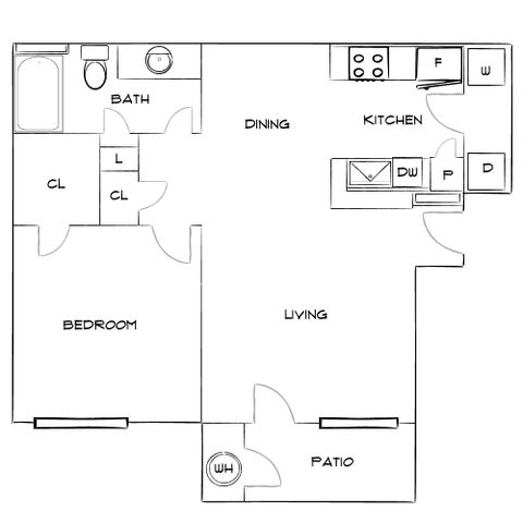 Modern floor plan featuring one-bedroom, spacious dining and living area, functional kitchen, cozy patio, and ample storage space with convenience of washer and dryer.