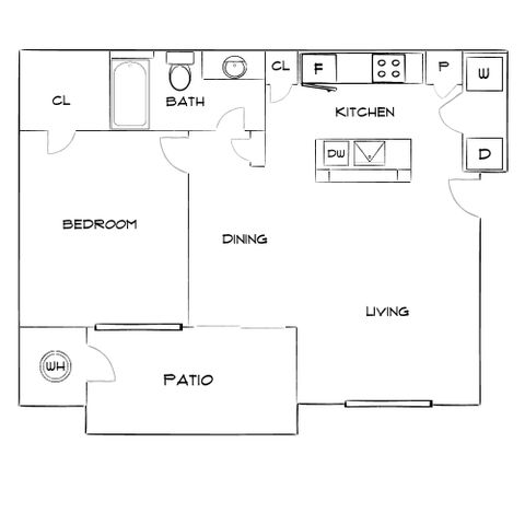 Contemporary floor plan showcasing a spacious 1-bedroom layout with an open kitchen, living and dining area, and a charming patio.