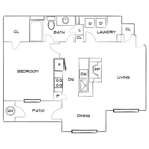 Charming floor plan showcasing a spacious one-bedroom apartment with a patio, modern kitchen, cozy living area, laundry room, and dining space.