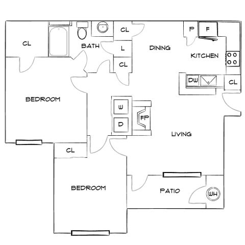 Charming floor plan featuring 2 bedrooms, an inviting living area, modern kitchen, and a cozy patio space.