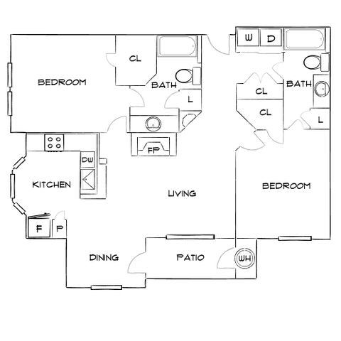 Modern floor plan showcasing 2 spacious bedrooms, a vibrant living area with fireplace, stylish kitchen, dining space, and an inviting patio.