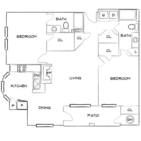 Elegant floor plan showcasing 2 bedrooms, open living and dining area, modern kitchen, and inviting patio.