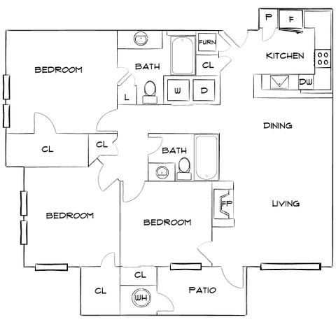 Modern 3-bedroom floor plan featuring an open-concept living and dining area, two baths, and a spacious patio for relaxation.