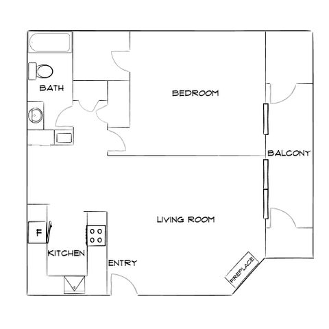 Modern floor plan showcasing a spacious bedroom, cozy living room with fireplace, kitchen, bathroom, and a charming balcony.