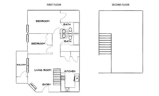 Charming 2D floor plan showcasing two bedrooms, a cozy living room, modern kitchen, and dual bathrooms, complete with a balcony.
