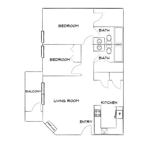 Bright and airy floor plan featuring 2 bedrooms, 2 bathrooms, an open living room, balcony, and modern kitchen.