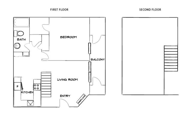 Inviting floor plan with a cozy bedroom, spacious living room, balcony, and an efficient kitchen layout on the first floor.