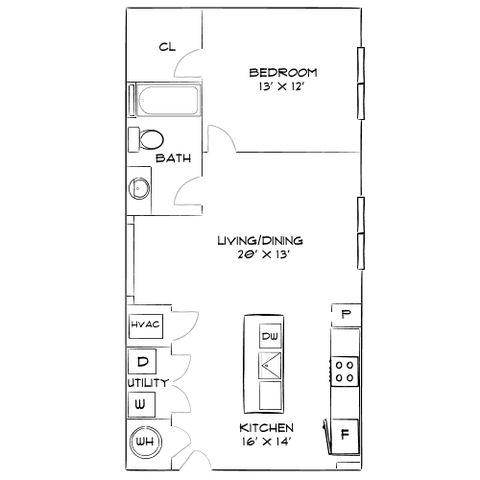 Chic floor plan featuring 1 bedroom, a combined living and dining area, and a modern kitchen. Includes a bathroom and utility spaces for added convenience, perfect for urban living.