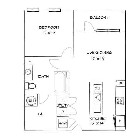 Chic floor plan with 1 bedroom, open living/dining area, modern kitchen, and balcony for city views.