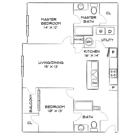 Inviting floor plan with 2 bedrooms, open living/dining area, modern kitchen, and private balcony.