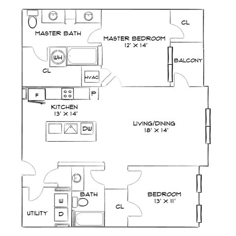 Inviting floor plan showcasing a spacious living/dining area, modern kitchen, 2 chic bedrooms, and a master suite with balcony.
