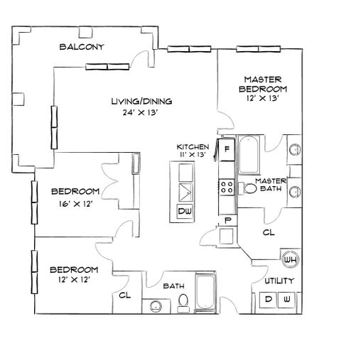 Chic floor plan featuring 3 bedrooms, modern living/dining area, central kitchen with island, and a cozy balcony.