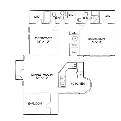 Inviting floor plan showcasing 2 spacious bedrooms, open living room, modern kitchen, and a relaxing balcony. Includes 2 bathrooms and ample closet space.