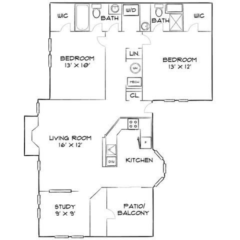 Inviting floor plan showcasing 2 bedrooms, a spacious living room, modern kitchen, study, and private patio/balcony.