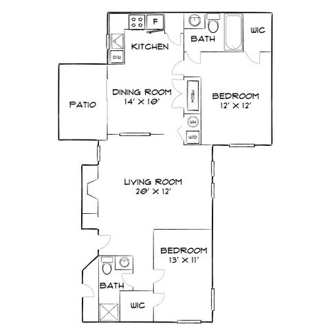 Inviting floor plan showcasing 2 bedrooms, 2 baths, a modern kitchen, and spacious living and dining areas with a patio.