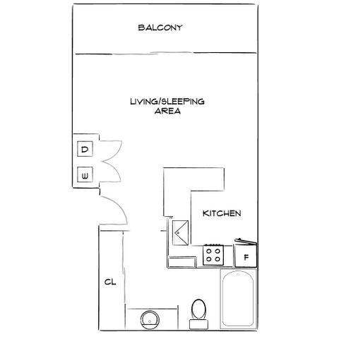 Chic studio floor plan with a spacious living and sleeping area, modern kitchen, balcony, and convenient laundry facilities.