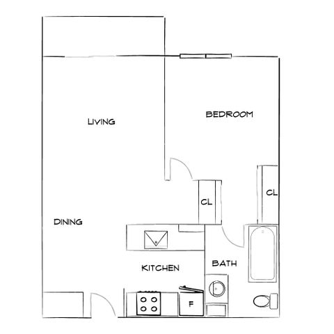 Modern floor plan showcasing 1 bedroom, spacious living and dining area, and a well-equipped kitchen.