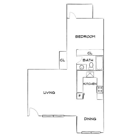 Chic 1-bedroom floor plan with an open living and dining area, functional kitchen, and modern bath.