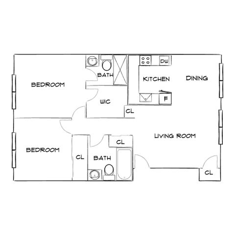 Modern floor plan showcasing 2 bedrooms, spacious living room, and an open kitchen with dining area.