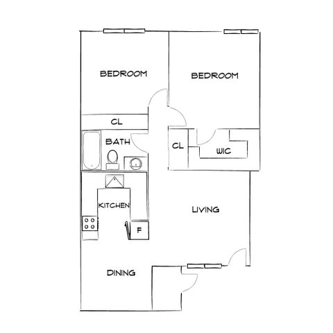 Charming floor plan featuring two cozy bedrooms, a functional kitchen, and a bright living and dining area.