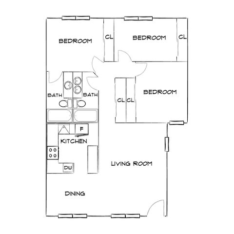 Inviting floor plan featuring three bedrooms, a modern kitchen, and spacious living and dining areas for comfortable living.