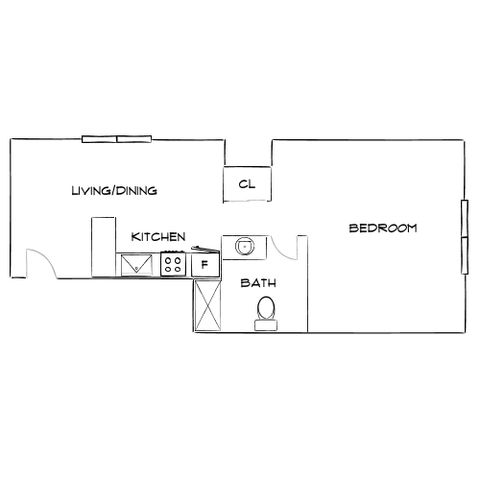 Chic floor plan illustrating a 1-bedroom layout with open living/dining area, modern kitchen, and sleek bathroom.