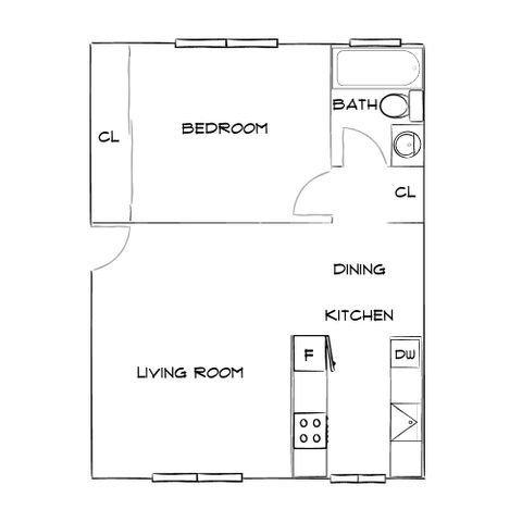 Charming floor plan featuring a spacious bedroom, open living room, well-equipped kitchen, and cozy dining area.