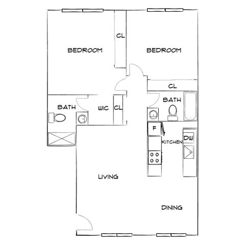 Modern floor plan showcasing 2 bedrooms, 2 baths, open kitchen with dining area, and spacious living room.