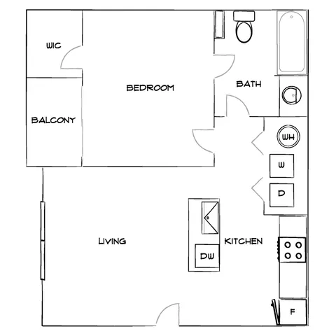 Stylish 1-bedroom apartment floor plan featuring a spacious living area, modern kitchen, cozy balcony, and convenient walk-in closet.