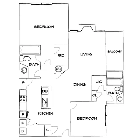 Inviting floor plan featuring 2 bedrooms, modern kitchen, dining and living areas, 2 baths, and a private balcony.