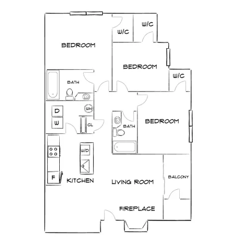 Inviting floor plan with 3 bedrooms, modern kitchen, cozy living room with fireplace, and private balcony access.