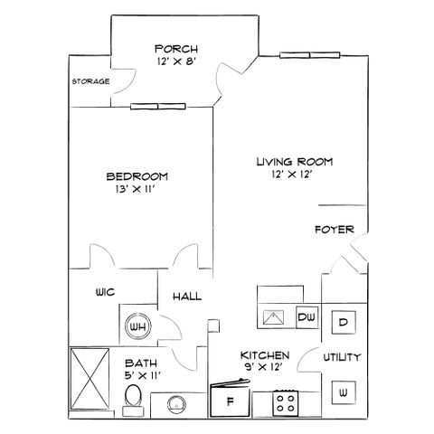Modern floor plan showcasing a 1-bedroom layout with a cozy living room, elegant kitchen, spacious porch, and utility area.