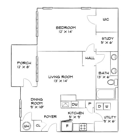 Charming floor plan showcasing a 1-bedroom layout with a cozy study, spacious living and dining areas, and a relaxing porch. Includes convenient kitchen and utility spaces.