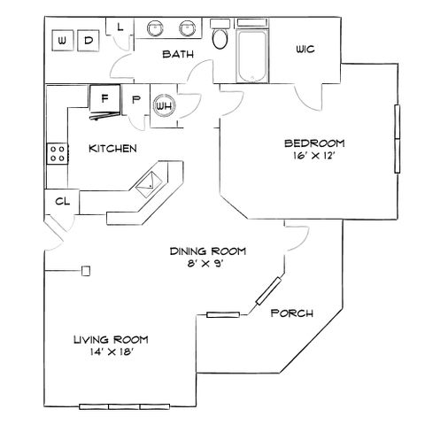 Modern floor plan displaying a spacious one-bedroom apartment with an open kitchen, cozy dining room, and inviting living room. Features include a walk-in closet, porch, and convenient laundry area.