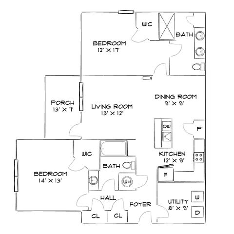 Charming floor plan with two spacious bedrooms, an inviting living room, modern kitchen, and convenient utility space.