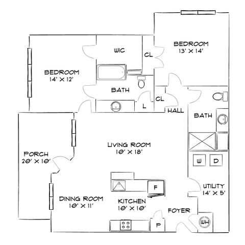 Charming floor plan featuring 2 bedrooms, spacious living room with cozy fireplace, dining area, and a well-equipped kitchen. Includes porch, utility room, and two baths for convenience.