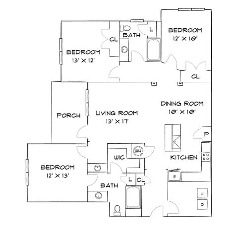 Spacious floor plan showcasing 3 bedrooms, modern kitchen, cozy living room, and inviting porch area.