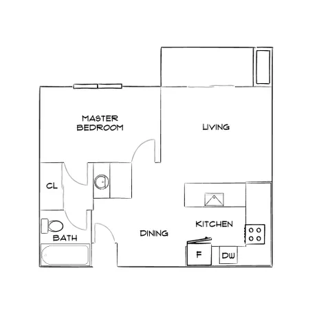 Modern floor plan showcasing a master bedroom, open living area, and a fully equipped kitchen with dining space.